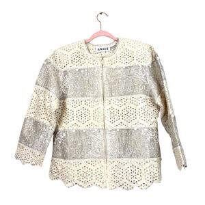 Anage Womens L Vintage Cream Lace Silver Beaded Embroidered Zip Up Blazer NEW
